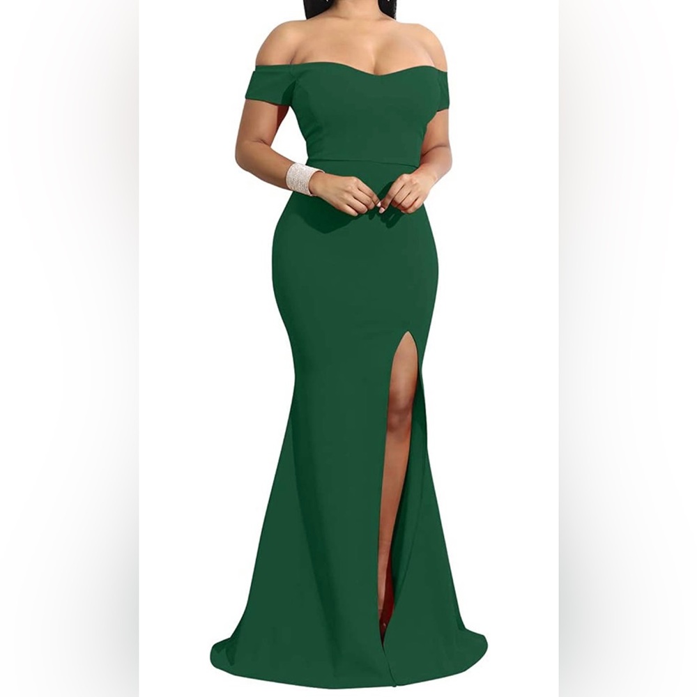 XL Green formal dress, floor length w/ high slit, off the shoulder